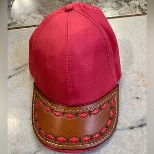 Womens Bright Pink and Brown Leather Brim Cap